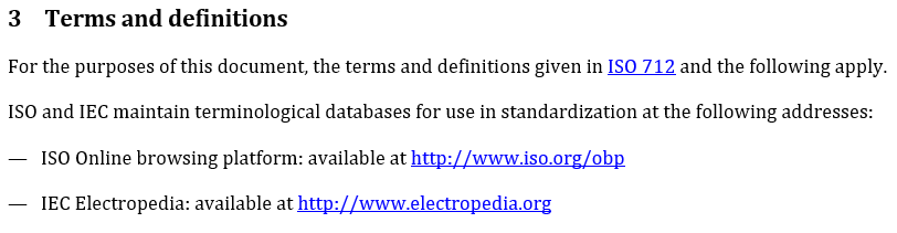 Illustration of predefined text of the Terms and Definitions section adjusted with a single source ("ISO 712")