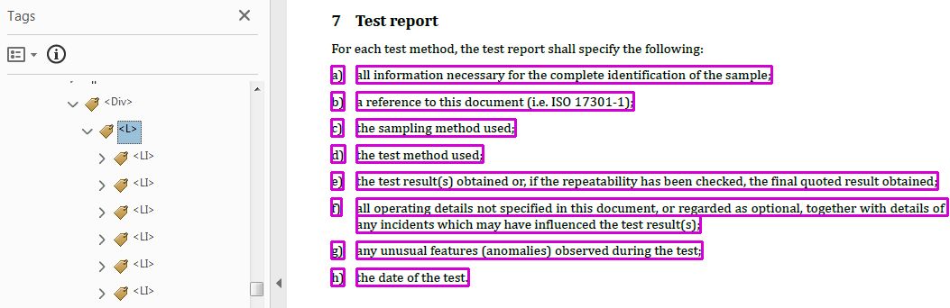 Tags with `L` and `LI` for list and list items in the ISO Rice document