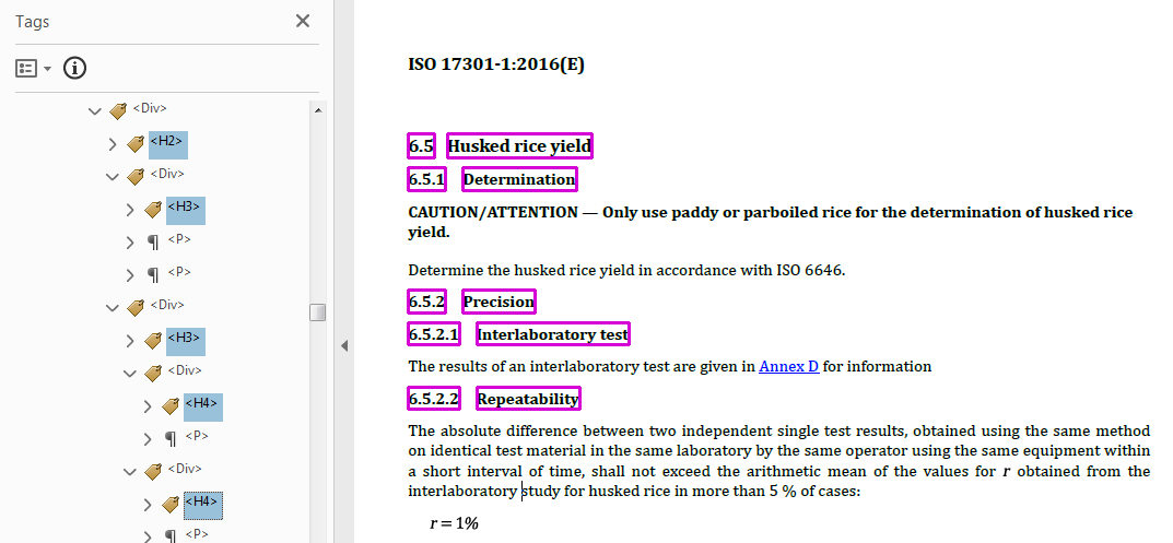 Tags `H1` to `H6` for clause and sub-clause headings