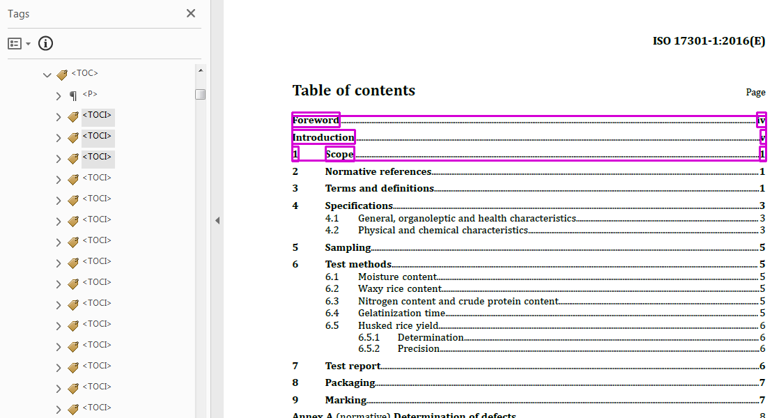 Tags `TOC` and `TOCI` for the Table of Contents